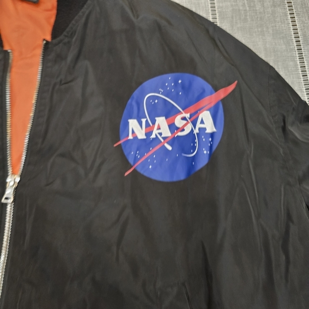 NASA Bomber Jacket With Patches Chemistry Brand Black With Orange Lining Sz Larg - Picture 9 of 16
